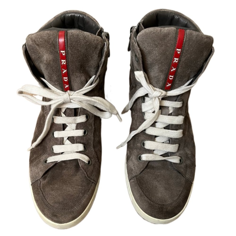Men's Gray Prada Linea Rossa Suede Side Zip High Top Sneaker.  Size 8.5 - Picture 2 of 10
